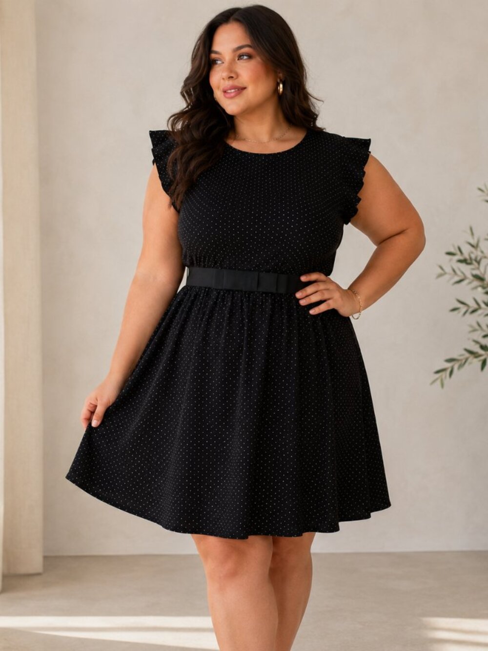 City Chic Black Polka Dot Dress Size L 20 Ruffle Sleeve Fit Flare Midi Feminine